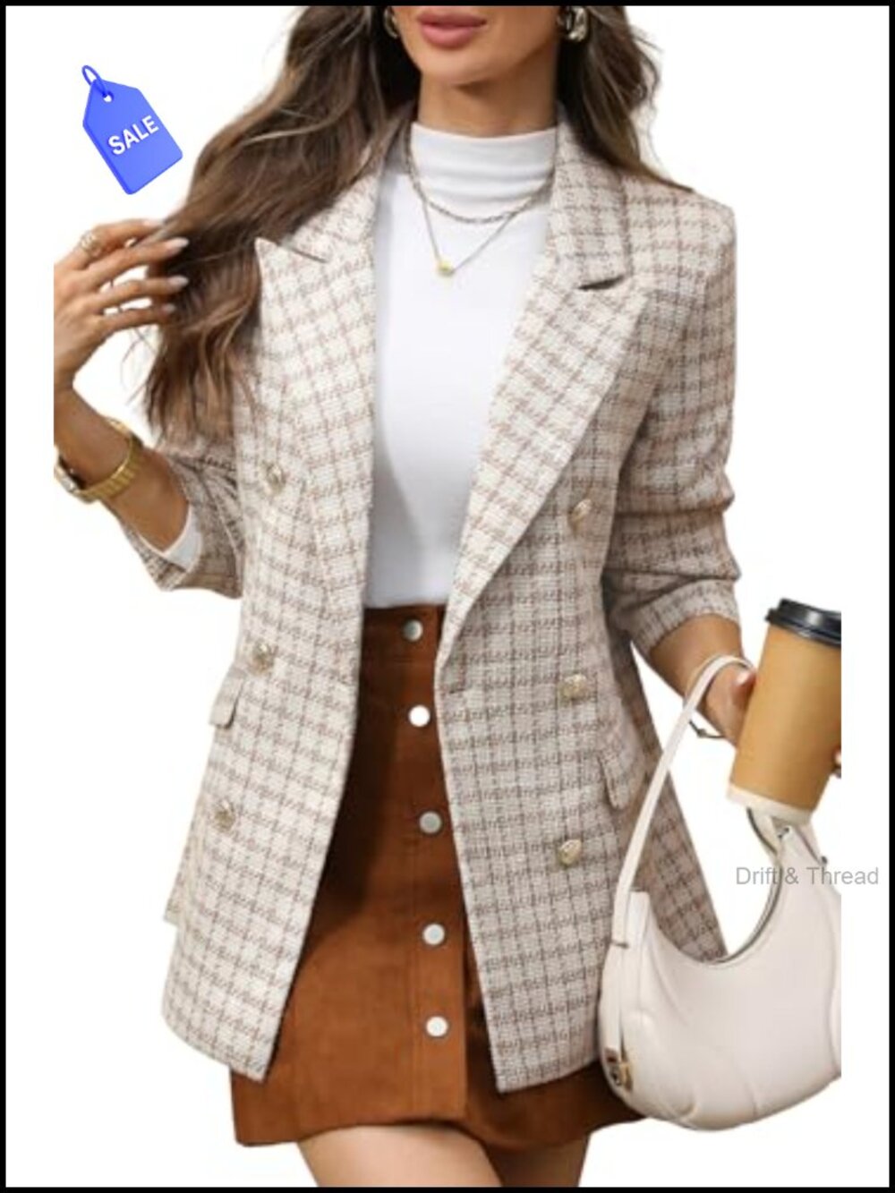 Women's Oversized Plaid Tweed Blazer Boyfriend Fit Notch Collar Button Front